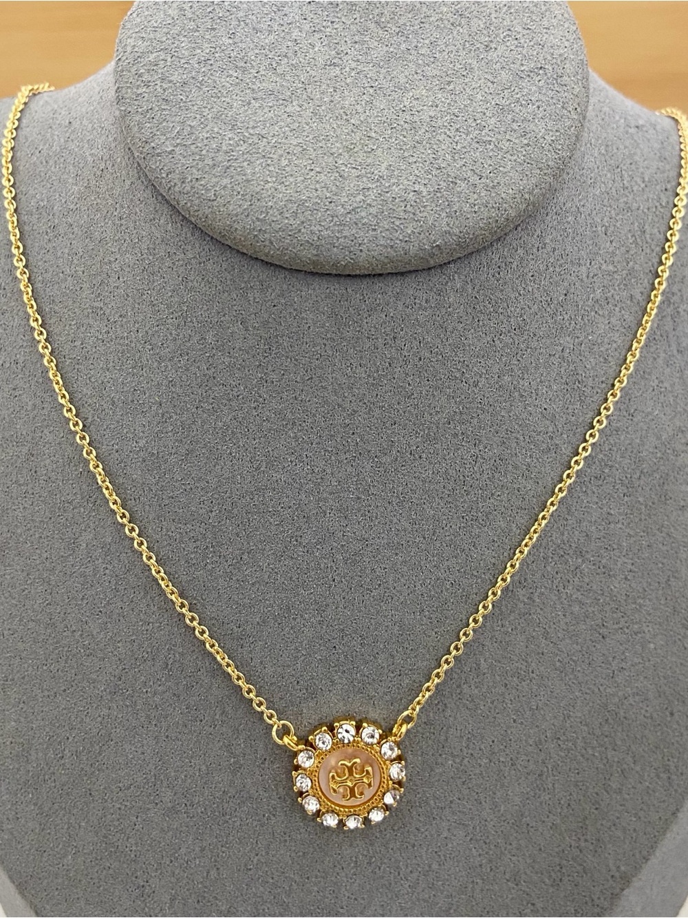 Tory Burch Gold-Tone Logo Crystal Halo Pendant Necklace